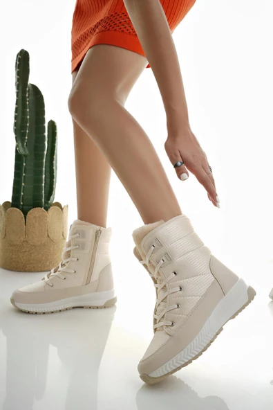 Muggo LOREN Garantili Kadın Tırtıklı Taban İçi Kürklü Bağcıklı Fermuarlı Yağmur ve Kar Botu - 7