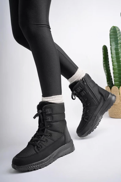 Muggo LOREN Garantili Kadın Tırtıklı Taban İçi Kürklü Bağcıklı Fermuarlı Yağmur ve Kar Botu - 10