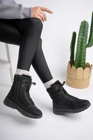 Muggo LOREN Garantili Kadın Tırtıklı Taban İçi Kürklü Bağcıklı Fermuarlı Yağmur ve Kar Botu - 11