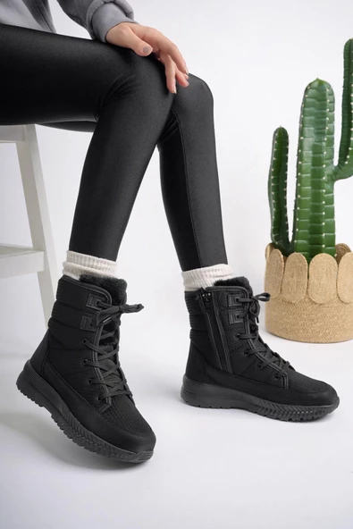 Muggo LOREN Garantili Kadın Tırtıklı Taban İçi Kürklü Bağcıklı Fermuarlı Yağmur ve Kar Botu - 9