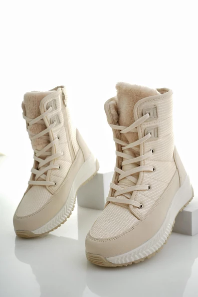 Muggo LOREN Garantili Kadın Tırtıklı Taban İçi Kürklü Bağcıklı Fermuarlı Yağmur ve Kar Botu - 2