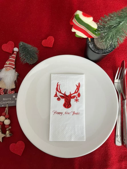 Kırmızı Yaldızlı Beyaz Yılbaşı Geyik Modeli Peçete 16 lı