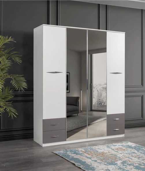Bella 4 Kapılı Gardırop Aynalı Çekmeceli 170x55x210