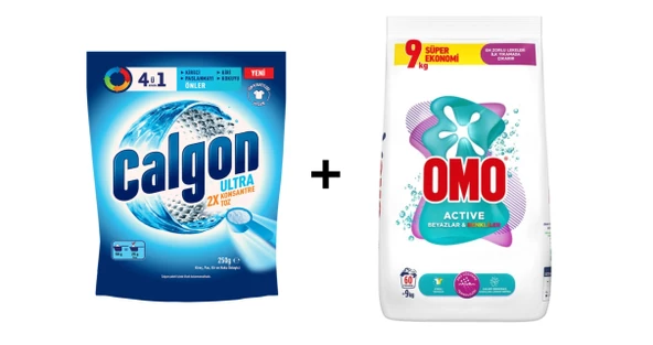 Calgon Çamaşır Makinesi Kireç Önleyici 250 G + Omo Renkliler ve Beyazlar İçin Çamaşır Deterjanı 9 Kg (2'li set)