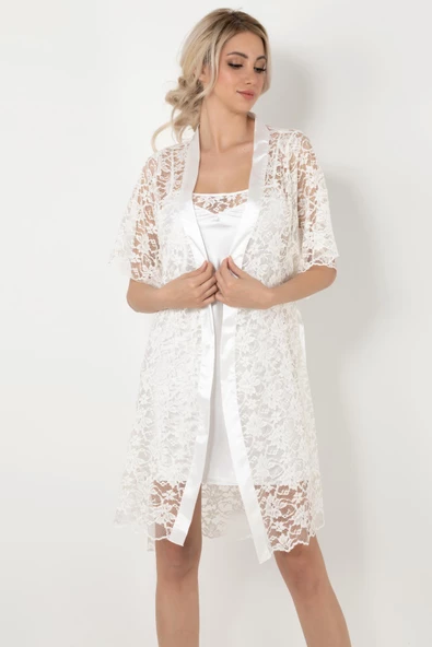 Miorre İnce Askılı Dantel Detaylı Saten Gecelik Sabahlık 2'li Takım-391 - 7