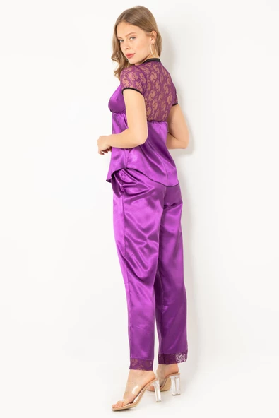 Miorre Kadın Dantel Detaylı Kısa Kollu Saten Pijama Takımı - 3