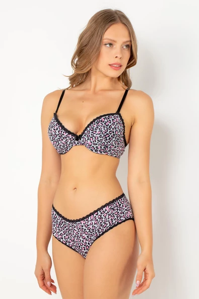 Miorre Push-Up Dolgulu Leopar Desenli Viskon Sütyen Takım - 6