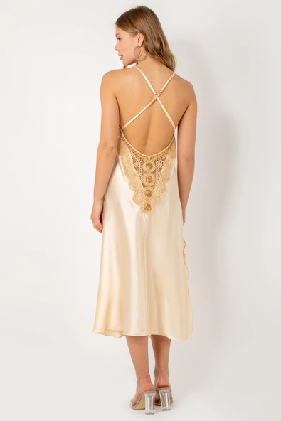 Miorre Sırt Dekolteli Güpürlü Yırtmaçlı Saten Gecelik Takım-387 - 4