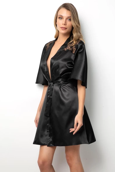 Miorre Sırtı Dantelli Saten Sabahlık - 4