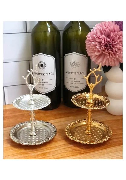 2 Katlı Mini Metal Gold Sunumluk Lokumluk Şekerlik Drajelik - 4