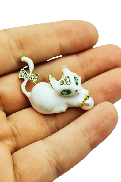 Zarif Taşlı Kedi Broş - Resim 2