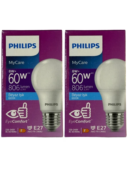 Philips 8W (60W) 6500K (Beyaz Işık) E27 Duylu Klasik Led Ampul (2 Adet)