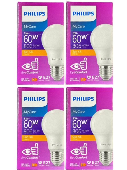 Philips 8W (60W) 2700K (Sarı Işık) E27 Duylu Klasik Led Ampul (4 Adet)