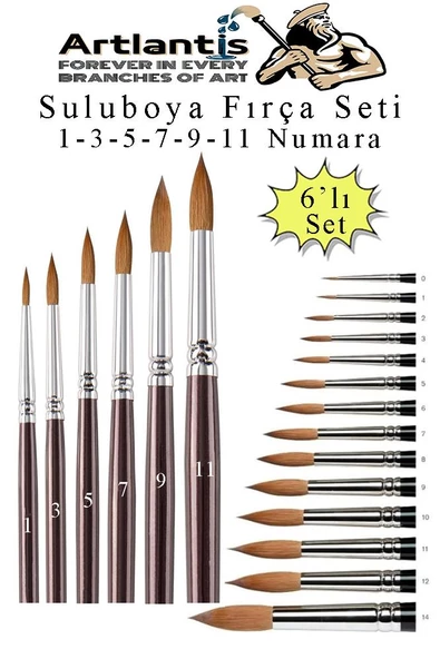 Resim Fırçası 1 - 3 - 5 - 7 - 9 - 11 Numara 1 Paket 6 lı Samur Yuvarlak Uçlu Fırça Seti Guaj Sulu Akrilik Yağlı Boya Fırçaları