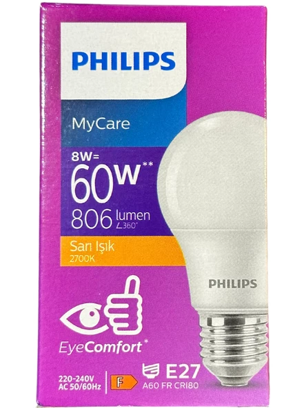 Philips 8W (60W) 2700K (Sarı Işık) E27 Duylu Klasik Led Ampul (2 Adet) - Resim 2