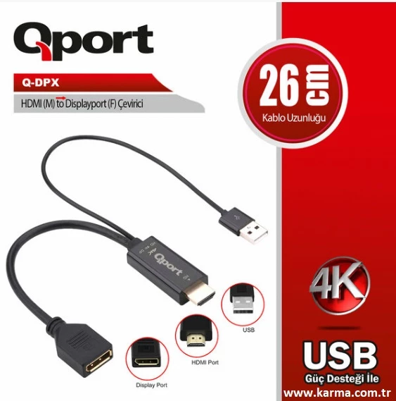 HDMI(M) to Displayport(F) Çevirici Kablo 26Cm Hdmi (QPORT Q-DPX)