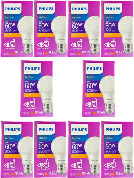 Philips 8W (60W) 2700K (Sarı Işık) E27 Duylu Klasik Led Ampul (10 Adet)