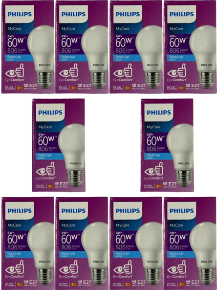 Philips 8W (60W) 6500K (Beyaz Işık) E27 Duylu Klasik Led Ampul (10 Adet)