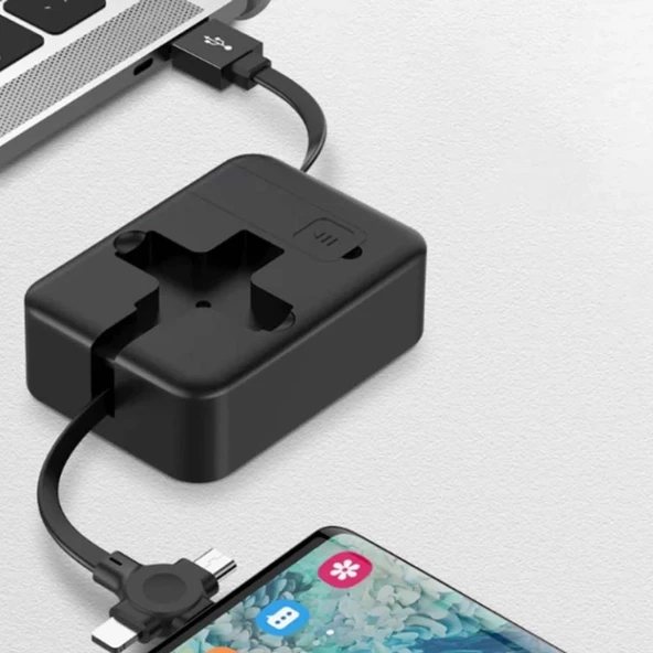 USB Şarj Kablosu Cep Tipi Telefon Tutuculu Makaralı 3 'ü 1 Arada Uzayıp Kısalabilen - 3