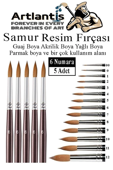 Resim Fırçası 6 Numara 5 li 1 Paket Samur Yuvarlak Uçlu Fırça Seti Guaj Sulu Akrilik Yağlı Boya Fırçaları