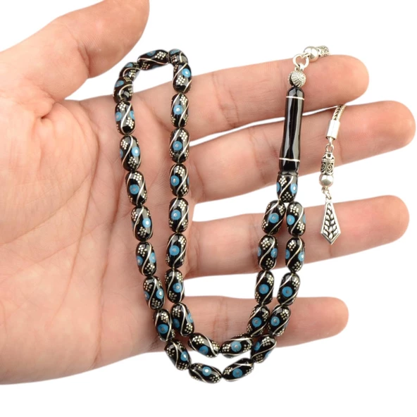 Kapsül Kesim 11x6 mm İşlemeli Erzurum Oltu Taşı  Gümüş Püsküllü Tesbih - Resim 2