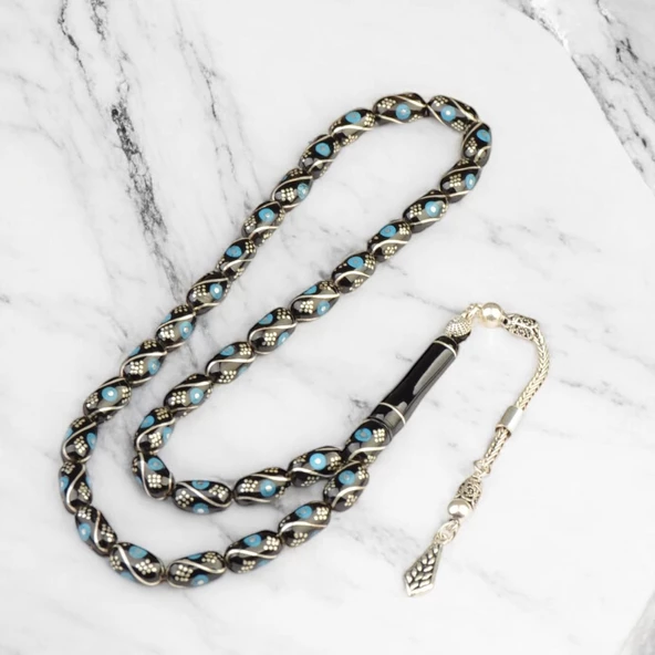 Kapsül Kesim 11x6 mm İşlemeli Erzurum Oltu Taşı  Gümüş Püsküllü Tesbih ürün görseli 1