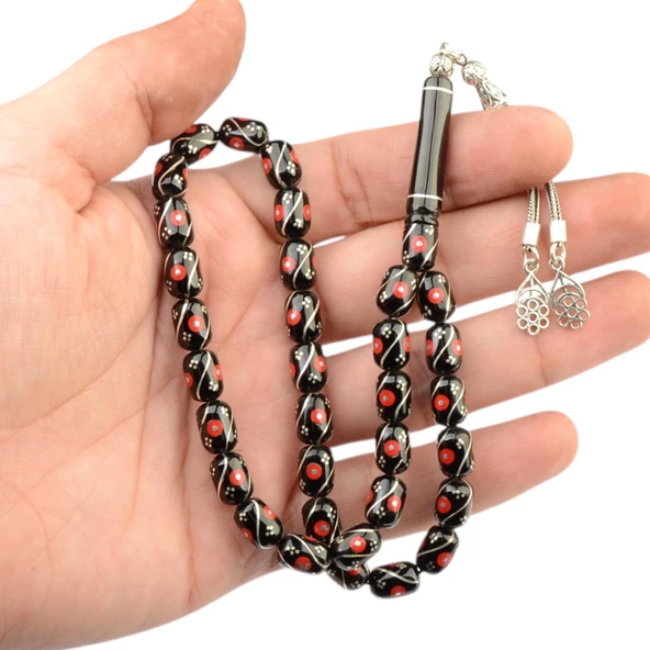 Kapsül Kesim 10x7 mm İşlemeli Erzurum Oltu Taşı  Gümüş Püsküllü Tesbih - Resim 2