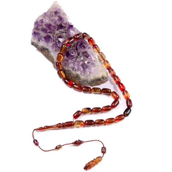 Kapsül Kesim 10x6 mm Ateş Kehribar Sistem Püsküllü Tesbih - Resim 2