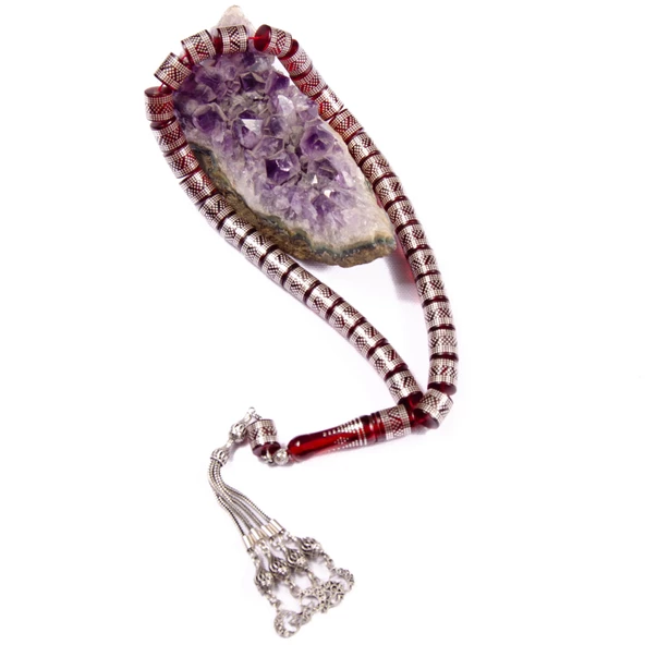 Fıçı Kesim 10x10 mm Özel Seri Yoğun Gümüş İşlemeli Ateş Kehribar Tesbih - Resim 2