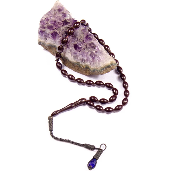 Arpa Kesim 11x7 mm  Ateş Kehribarı 34 Cm Alpaka Püsküllü Tesbih - Resim 2