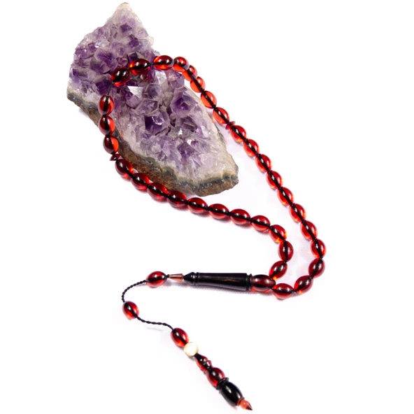 Arpa Kesim 10x7 mm İmzalı Ateş Kehribar  Sistem Püsküllü Tesbih - Resim 2