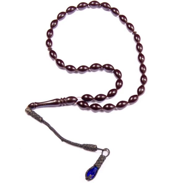 Arpa Kesim 11x7 mm  Ateş Kehribarı 34 Cm Alpaka Püsküllü Tesbih ürün görseli 1