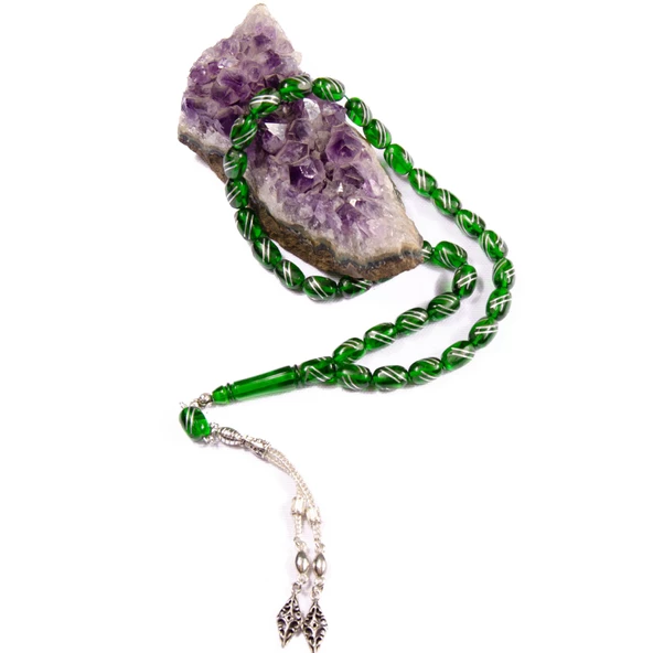 Kapsül Kesim 11x8 mm İşlemeli Ateş Kehribar  Alpaka Püsküllü Tesbih - Resim 2