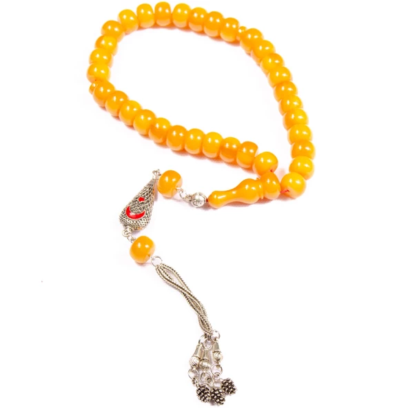 Tekerlek Kesim 11x8 mm  Sıkma Kehribar 32 Cm Alpaka Püsküllü Tesbih ürün görseli 1