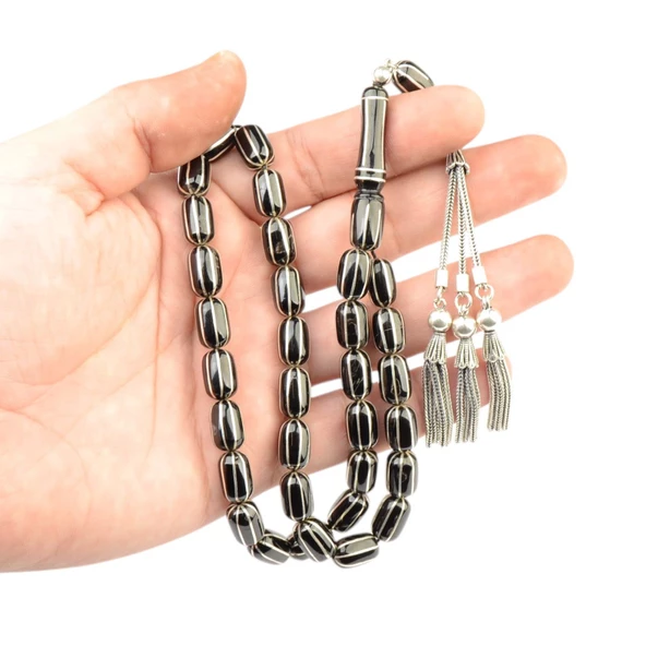 Kapsül Kesim 12x8 mm İşlemeli Erzurum Oltu Taşı  Gümüş Püsküllü Tesbih - Resim 2