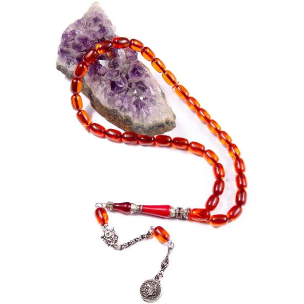 Kapsül Kesim 11x8 mm Nakkaş İmameli Ateş Kehribar Alpaka Püsküllü Tesbih - Resim 2