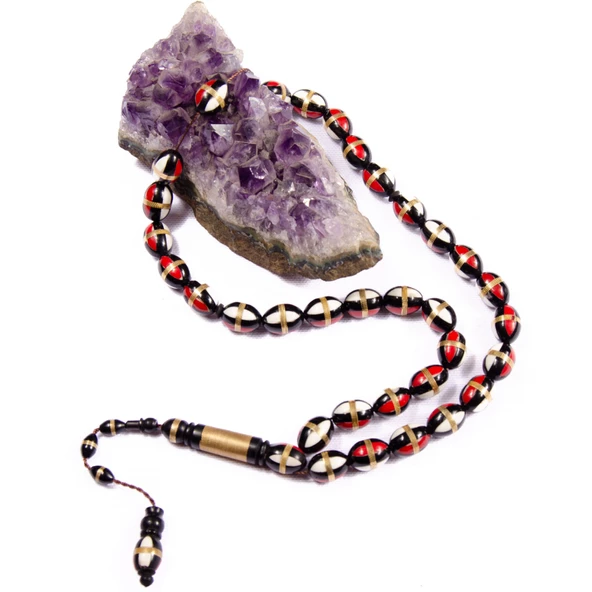 Arpa Kesim 13x9 mm Pirinç Sarmal Deve Kemikli Mineli Kuka  Sistem Püsküllü Tesbih - Resim 2