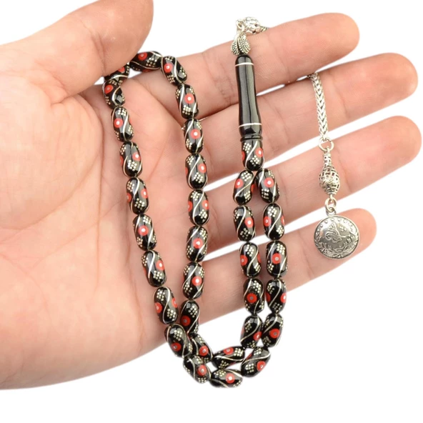 Kapsül Kesim 11x6 mm İşlemeli Erzurum Oltu Taşı  Tesbih - Resim 2