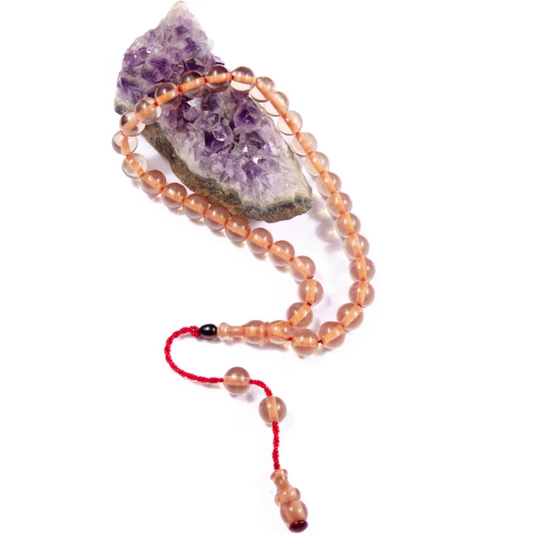 Küre Kesim 11x11 mm Şeffaf Ateş Kehribar Havşa Delim  Sistem Püsküllü Tesbih - Resim 2