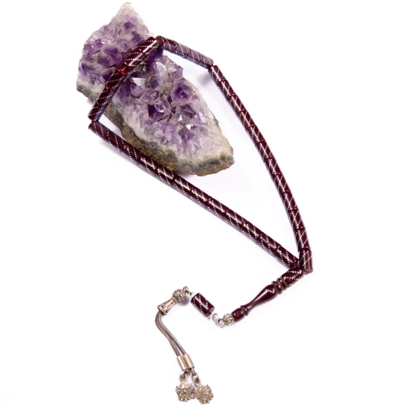 Kesim 11x7 mm Gümüş İşlemeli Kesme Sıkma Gümüş Püsküllü Tesbih - Resim 2