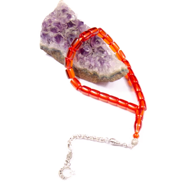 Fıçı Kesim 10x8 mm Efe Boy Ateş Kehribar Alpaka Püsküllü Tesbih - Resim 2