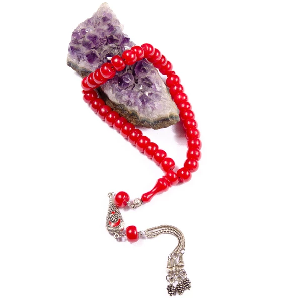 Tekerlek Kesim 11x8 mm Osmanlı Benzetme Sıkma Kehribar Alpaka Püsküllü Tesbih - Resim 2