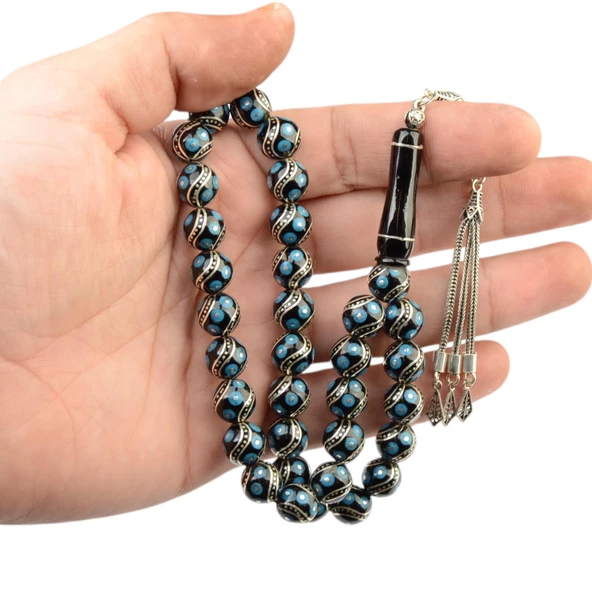 Küre Kesim 10x10 mm İşlemeli Erzurum Oltu Taşı  Gümüş Püsküllü Tesbih - Resim 2