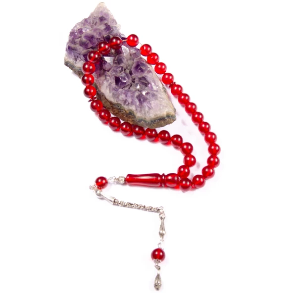 Küre Kesim 10x10 mm Ateş Kehribar  Alpaka Püsküllü Tesbih - Resim 2