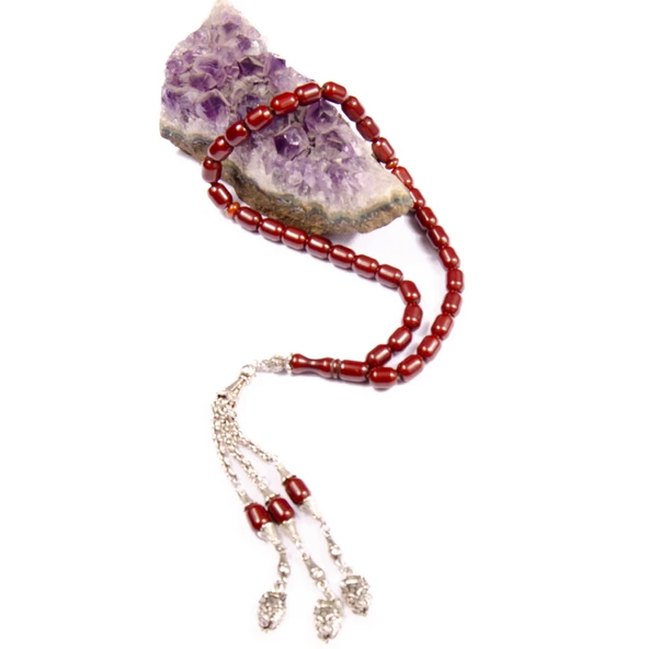 Fıçı Kesim 9x7 mm Özel Seri Osmanlı Benzetme Sıkma Kehribar 31 Cm Alpaka Püsküllü Tesbih - Resim 2