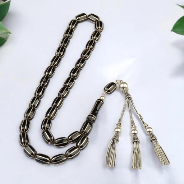 Kapsül Kesim 12x8 mm İşlemeli Erzurum Oltu Taşı  Gümüş Püsküllü Tesbih ürün görseli 1