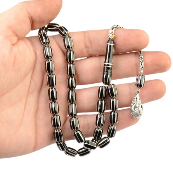 Kapsül Kesim 10x7 mm İşlemeli Erzurum Oltu Taşı  Gümüş Püsküllü Tesbih - Resim 2