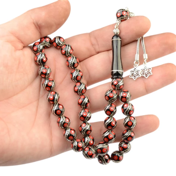 Küre Kesim 10x10 mm İşlemeli Erzurum Oltu Taşı Gümüş Püsküllü Tesbih - Resim 2