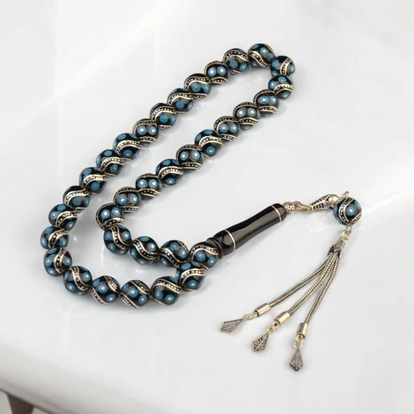 Küre Kesim 10x10 mm İşlemeli Erzurum Oltu Taşı  Gümüş Püsküllü Tesbih ürün görseli 1