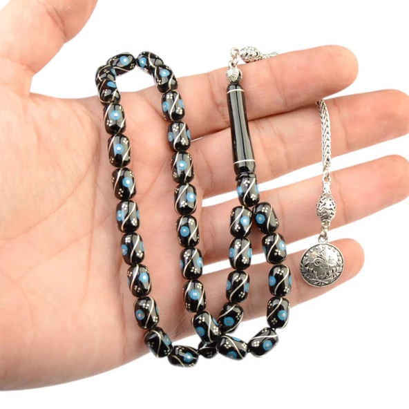 Kapsül Kesim 10x7 mm İşlemeli Erzurum Oltu Taşı  Gümüş Püsküllü Tesbih - 2